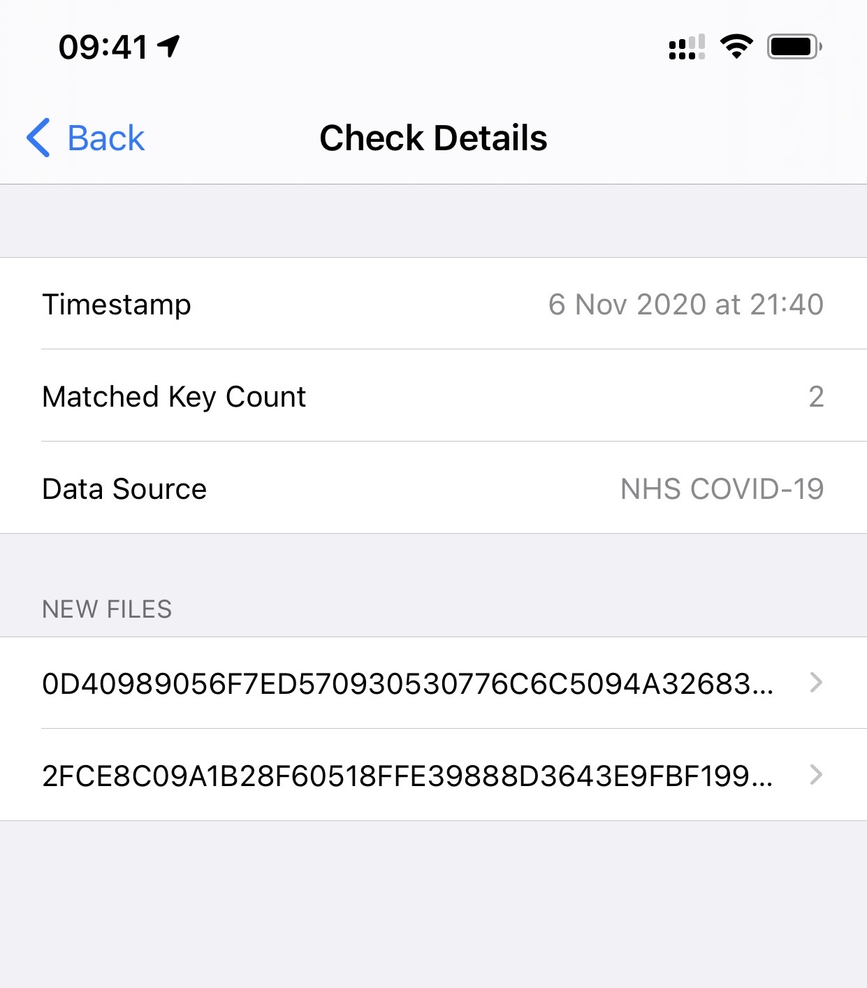 My settings app showing a matched key count of 2